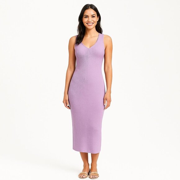 Gstq Lavender Ribbed Midi Dress V Neck Bodycon Knit Sleeveless Stretch NWT M - Picture 5 of 12